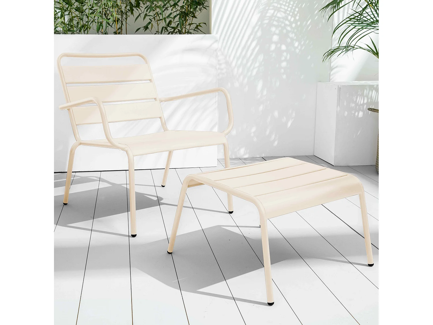 Lot 2 fauteuils relax avec repose-pieds métal gris et ivoire - Palavas