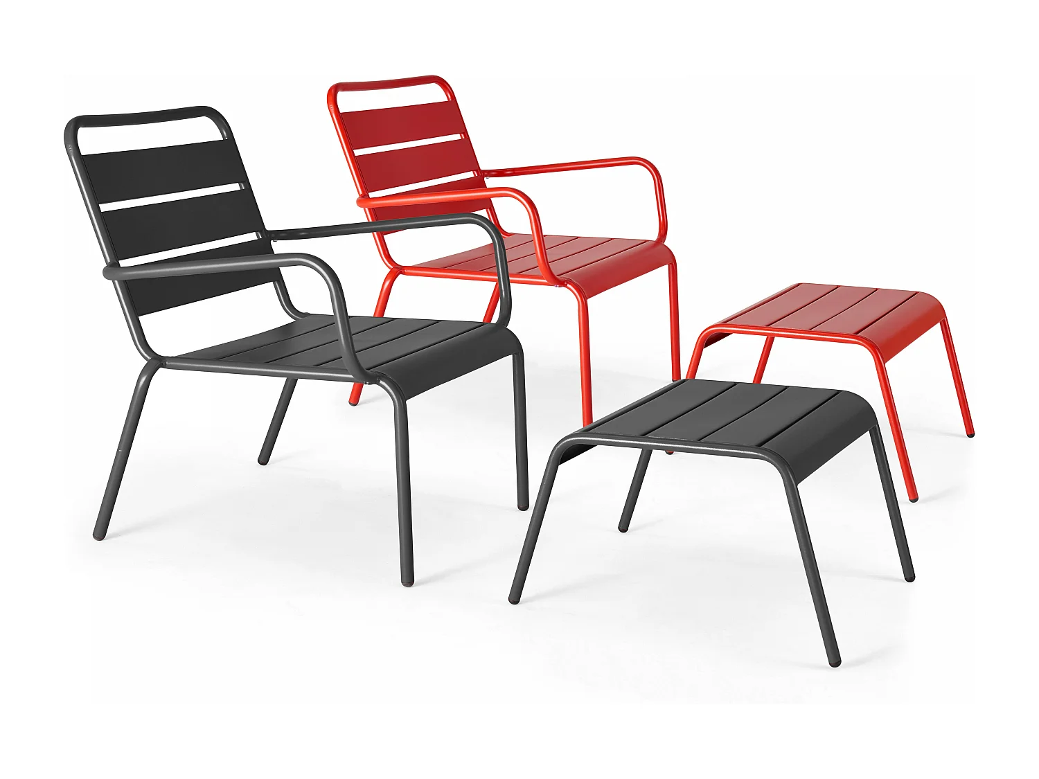 Lot 2 fauteuils relax avec repose-pieds métal gris et rouge - Palavas