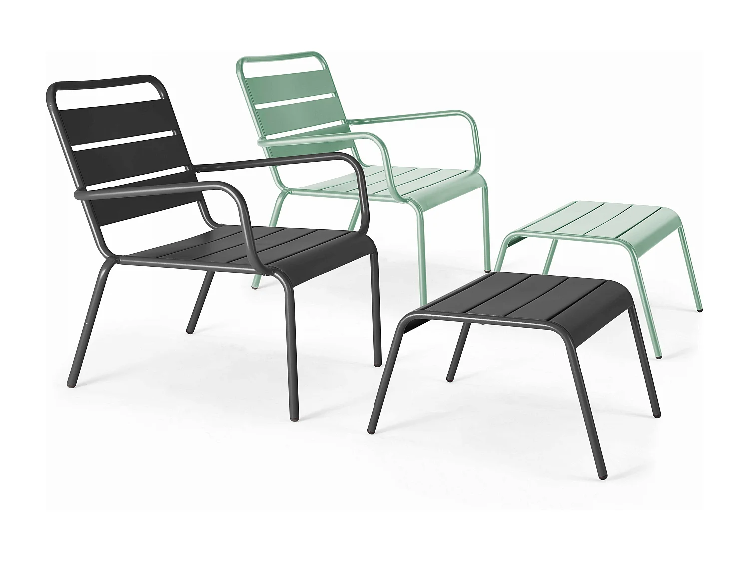 Lot 2 fauteuils relax avec repose-pieds métal gris et vert sauge - Palavas