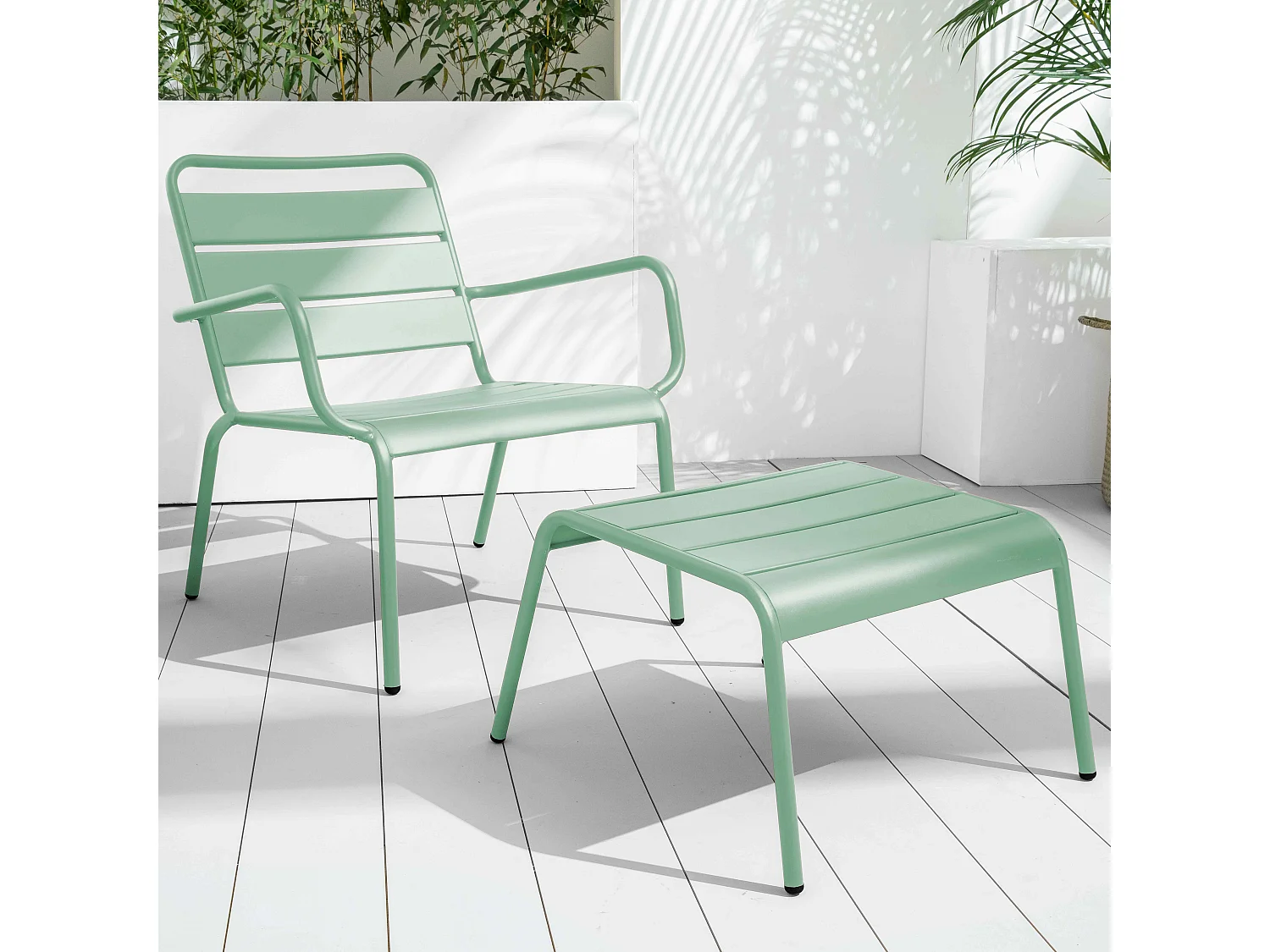 Lot 2 fauteuils relax avec repose-pieds métal gris et vert sauge - Palavas