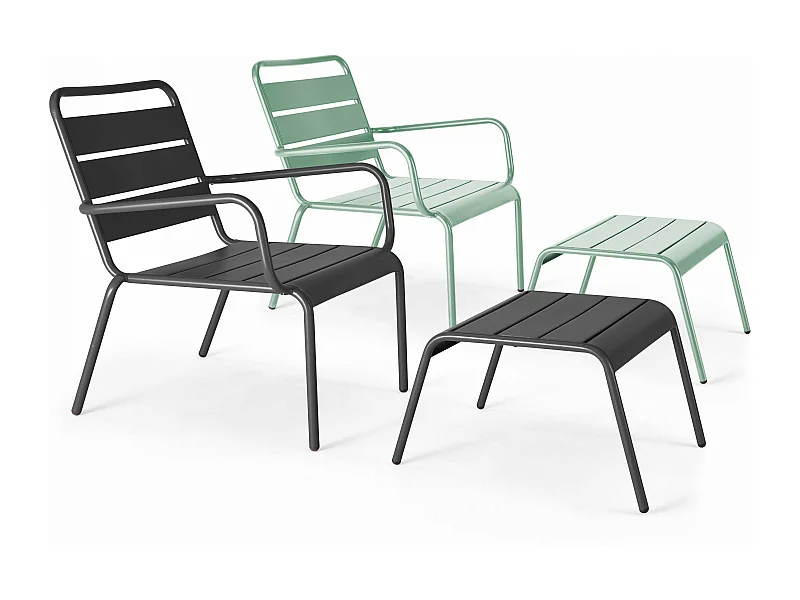 Lot 2 fauteuils relax avec repose-pieds métal gris et vert sauge - Palavas