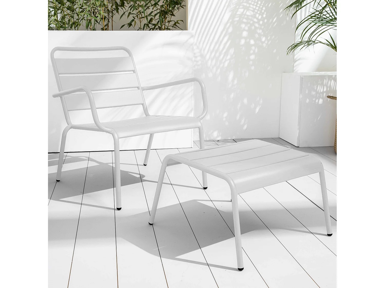 Lot 2 fauteuils relax avec repose-pieds métal gris et blanc - Palavas