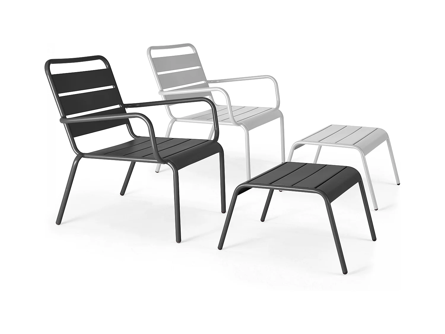 Lot 2 fauteuils relax avec repose-pieds métal gris et blanc - Palavas