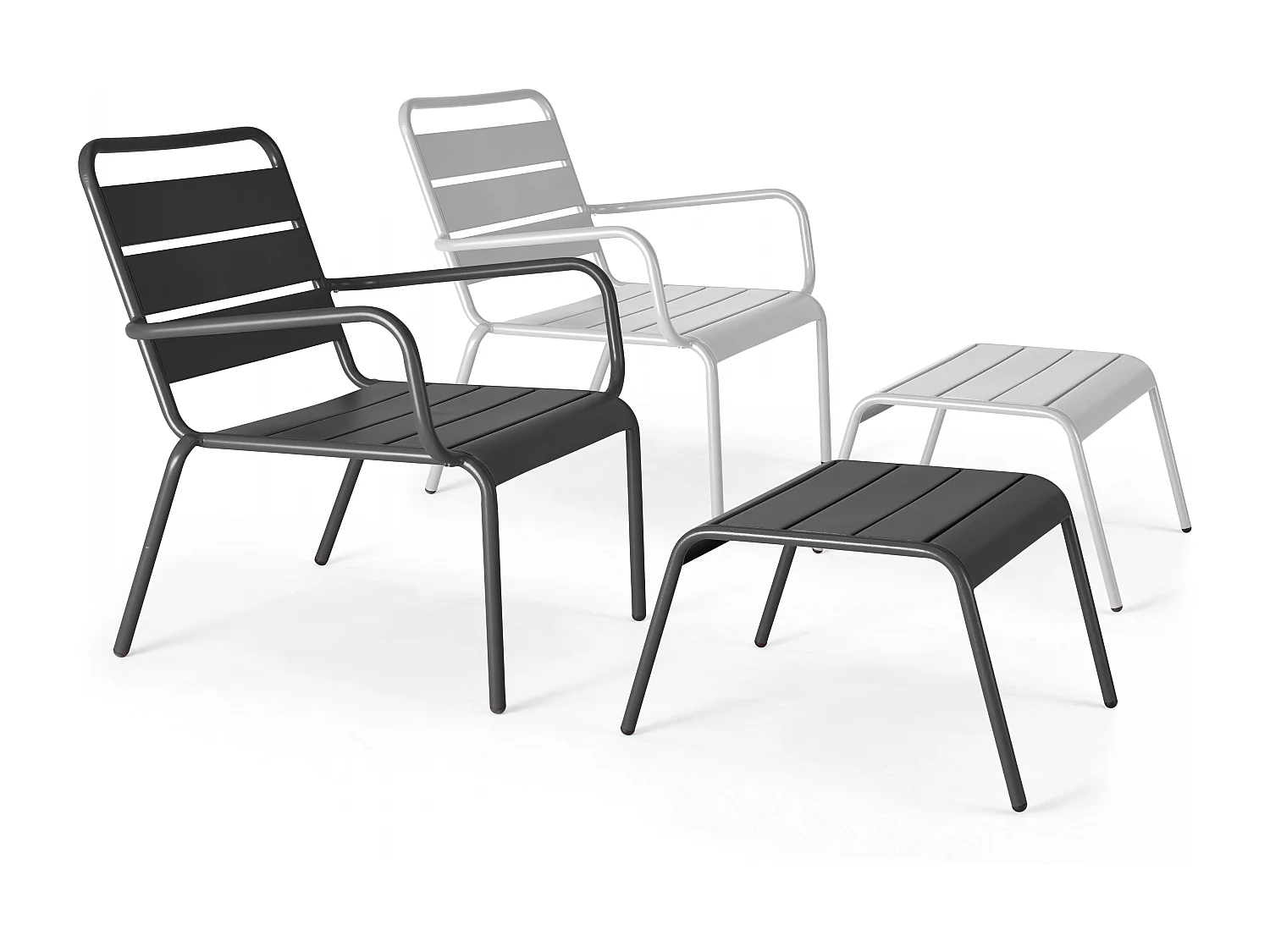 Lote de 2 sillones reclinables con reposapiés de metal gris y blanco