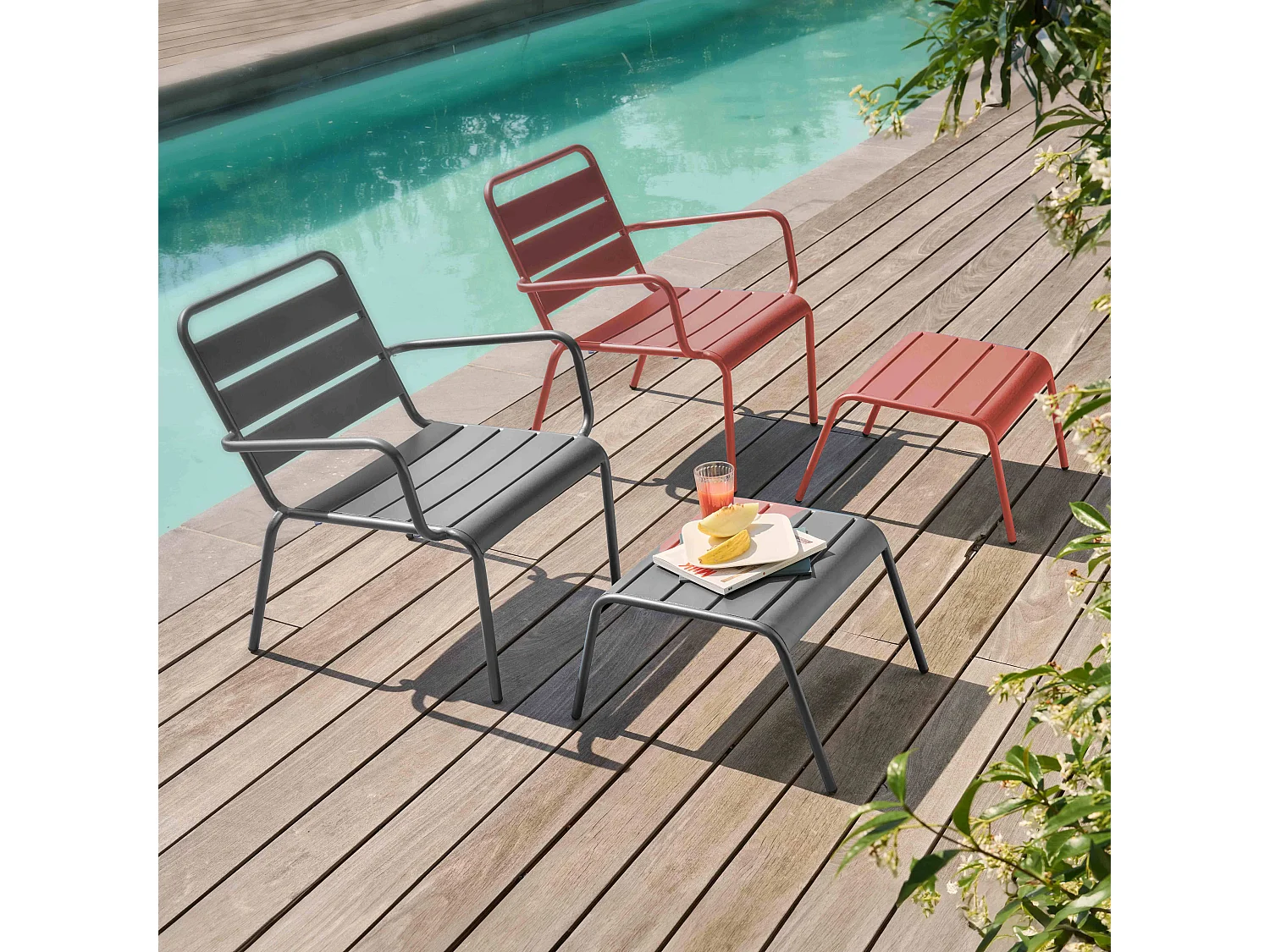 Lot 2 fauteuils relax avec repose-pieds métal gris et argile - Palavas