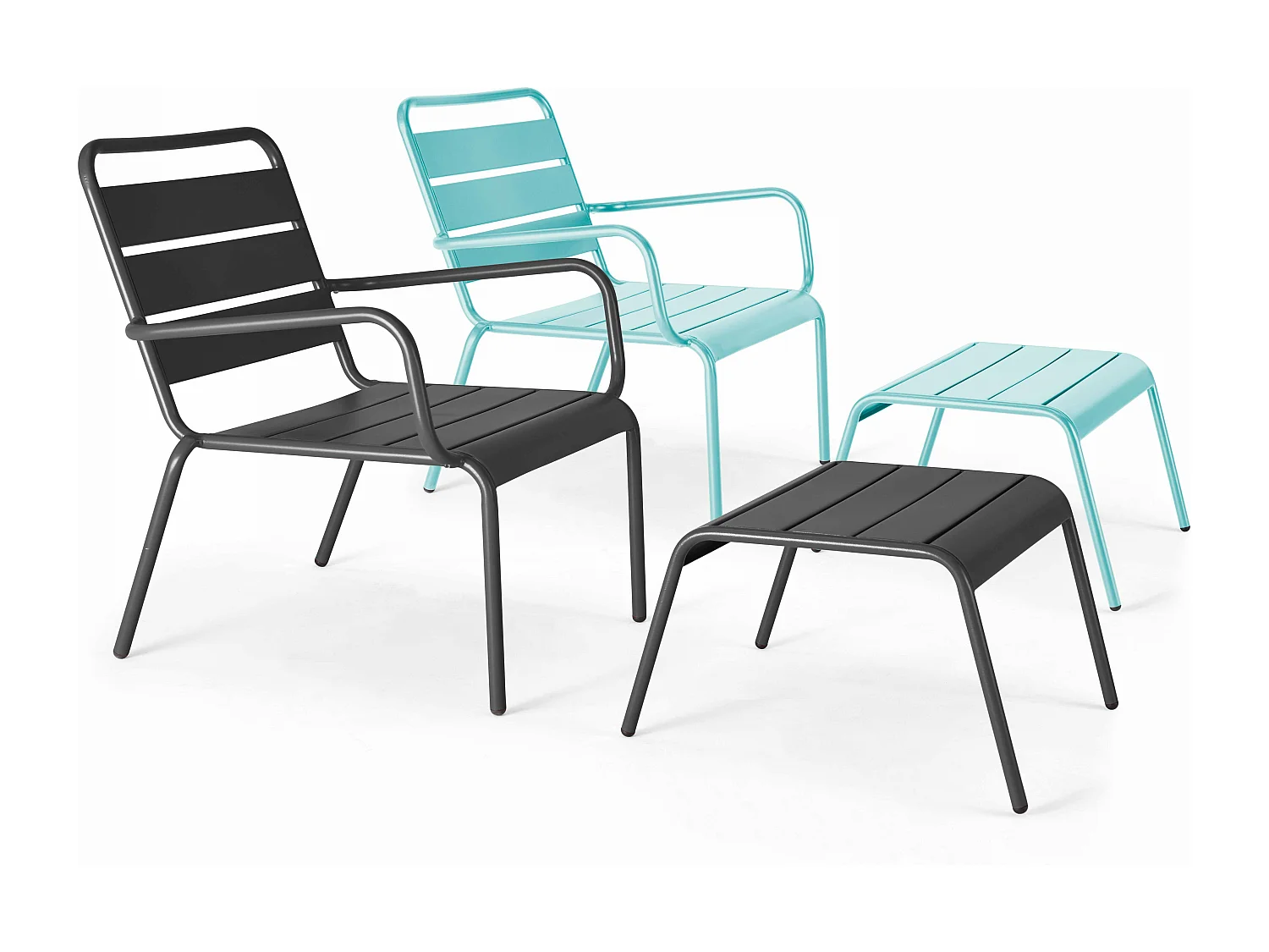 Lot 2 fauteuils relax avec repose-pieds métal gris et turquoise - Palavas