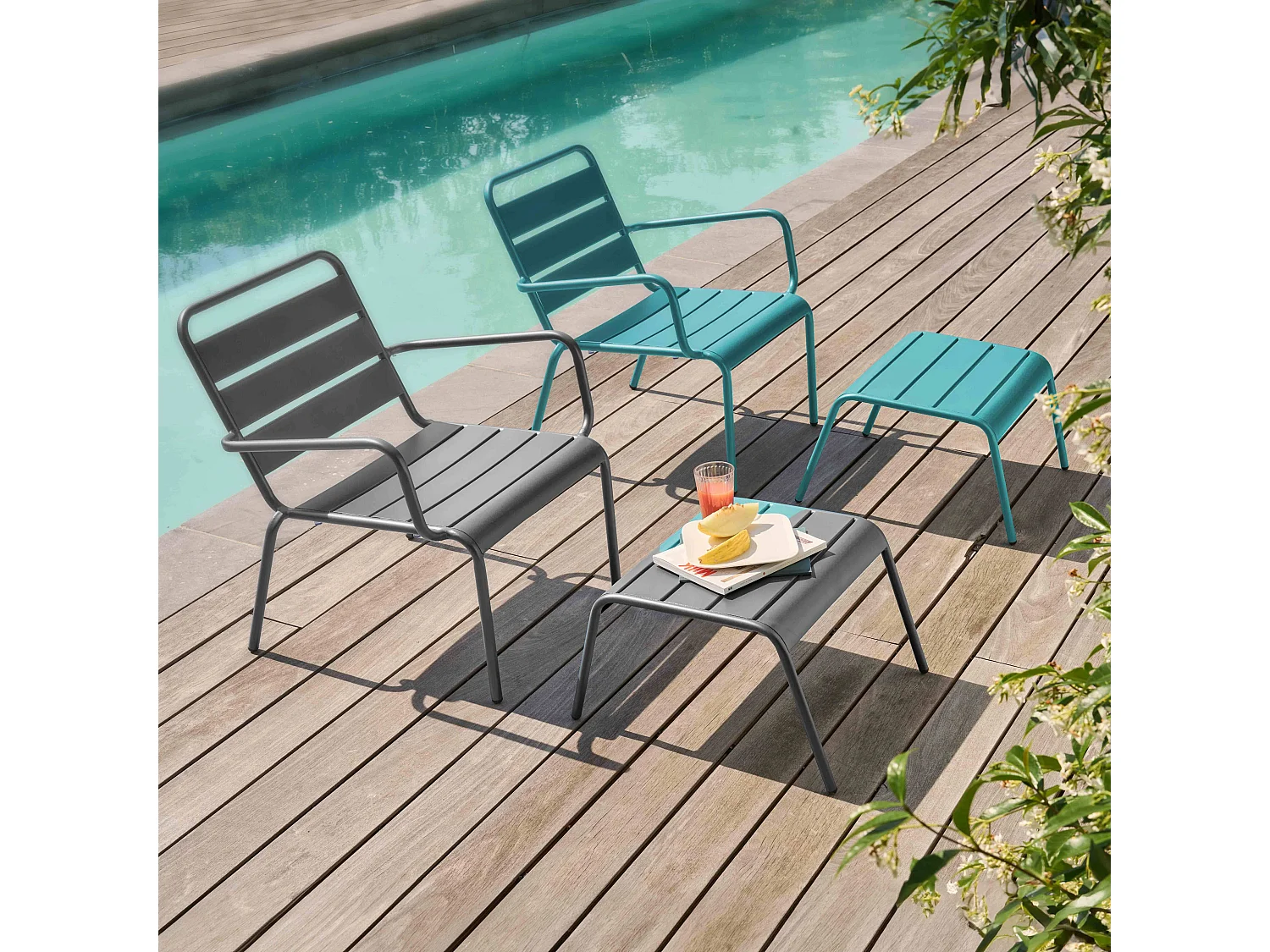 Lot 2 fauteuils relax avec repose-pieds métal gris et turquoise - Palavas