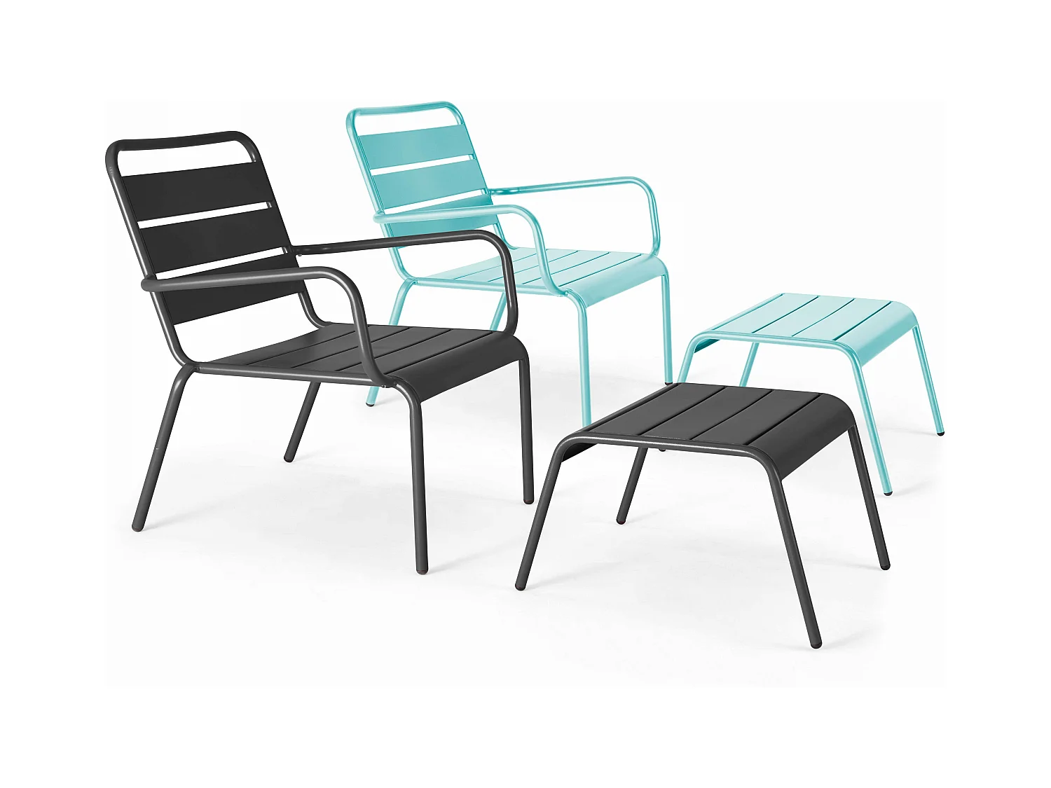 Lot 2 fauteuils relax avec repose-pieds métal gris et turquoise - Palavas