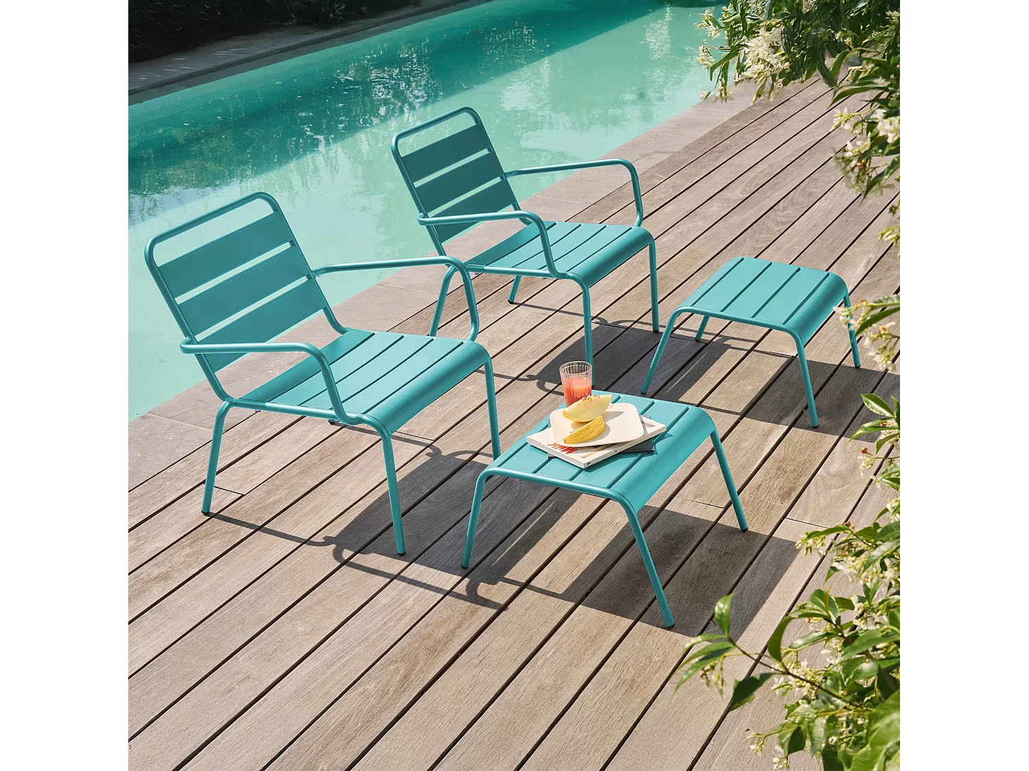 Lot de 2 fauteuils relax avec repose-pieds en métal turquoise - Palavas