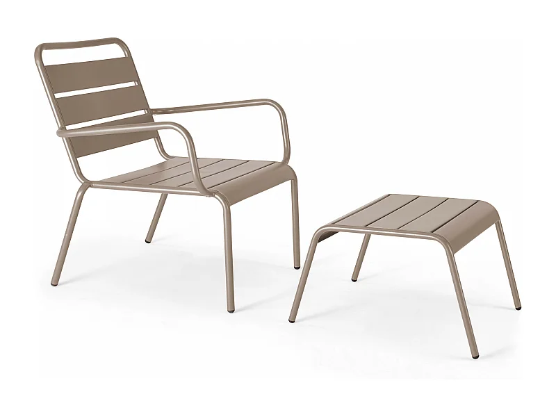 Relaxfauteuil en voetenbankje van taupekleurig metaal