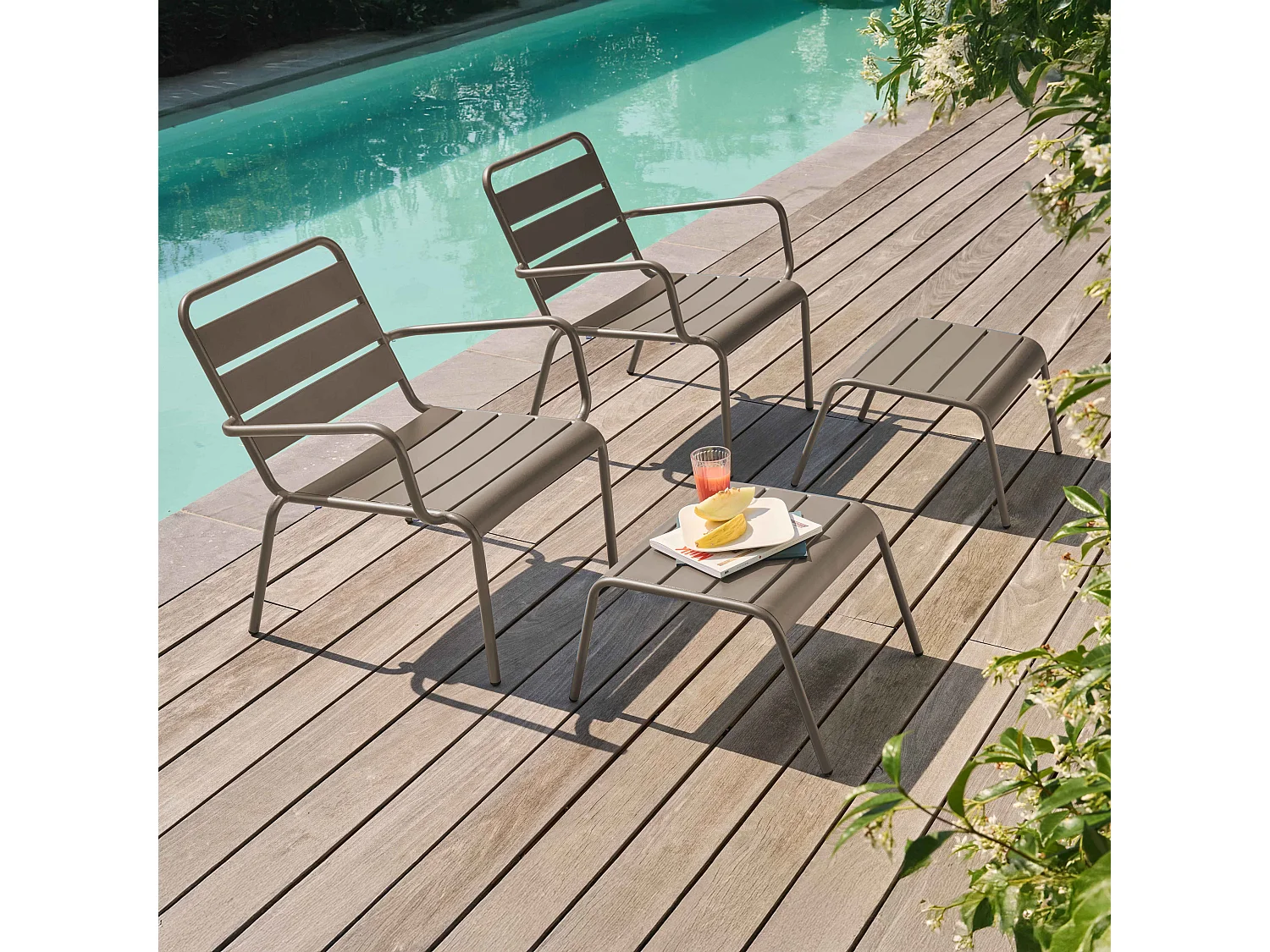 Lot de 2 fauteuils relax avec repose-pieds en métal taupe - Palavas