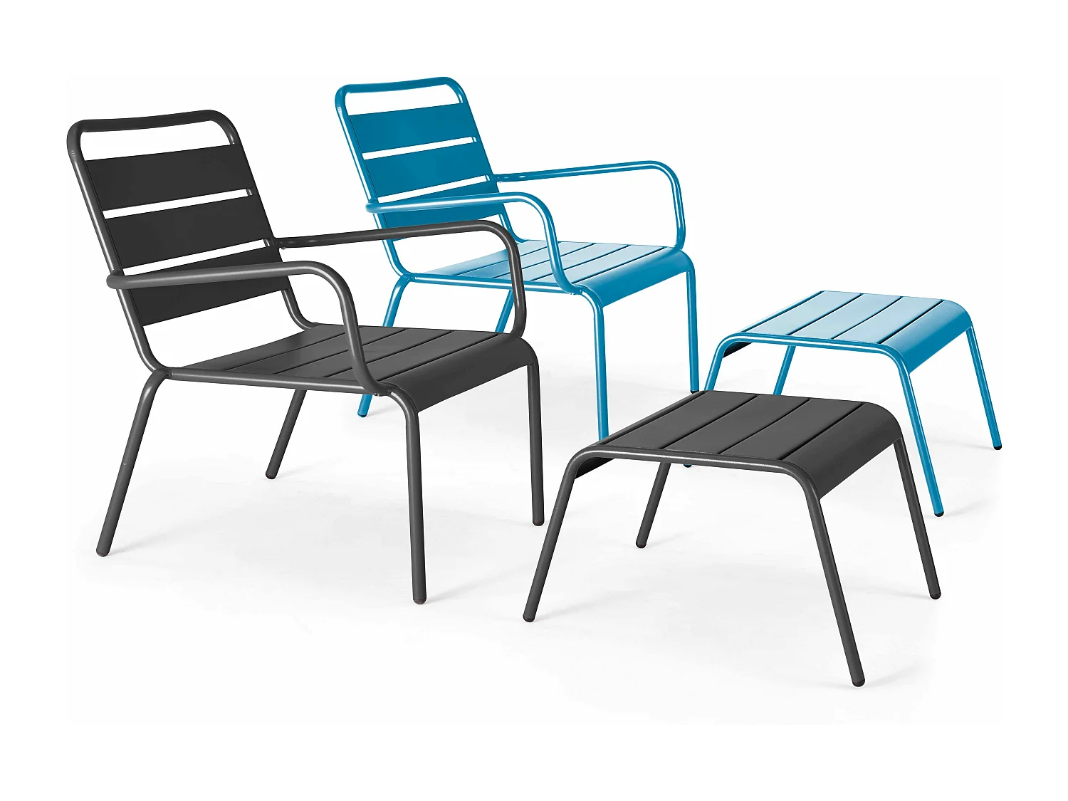 Lot 2 fauteuils relax avec repose-pieds métal gris et bleu pacific - Palavas