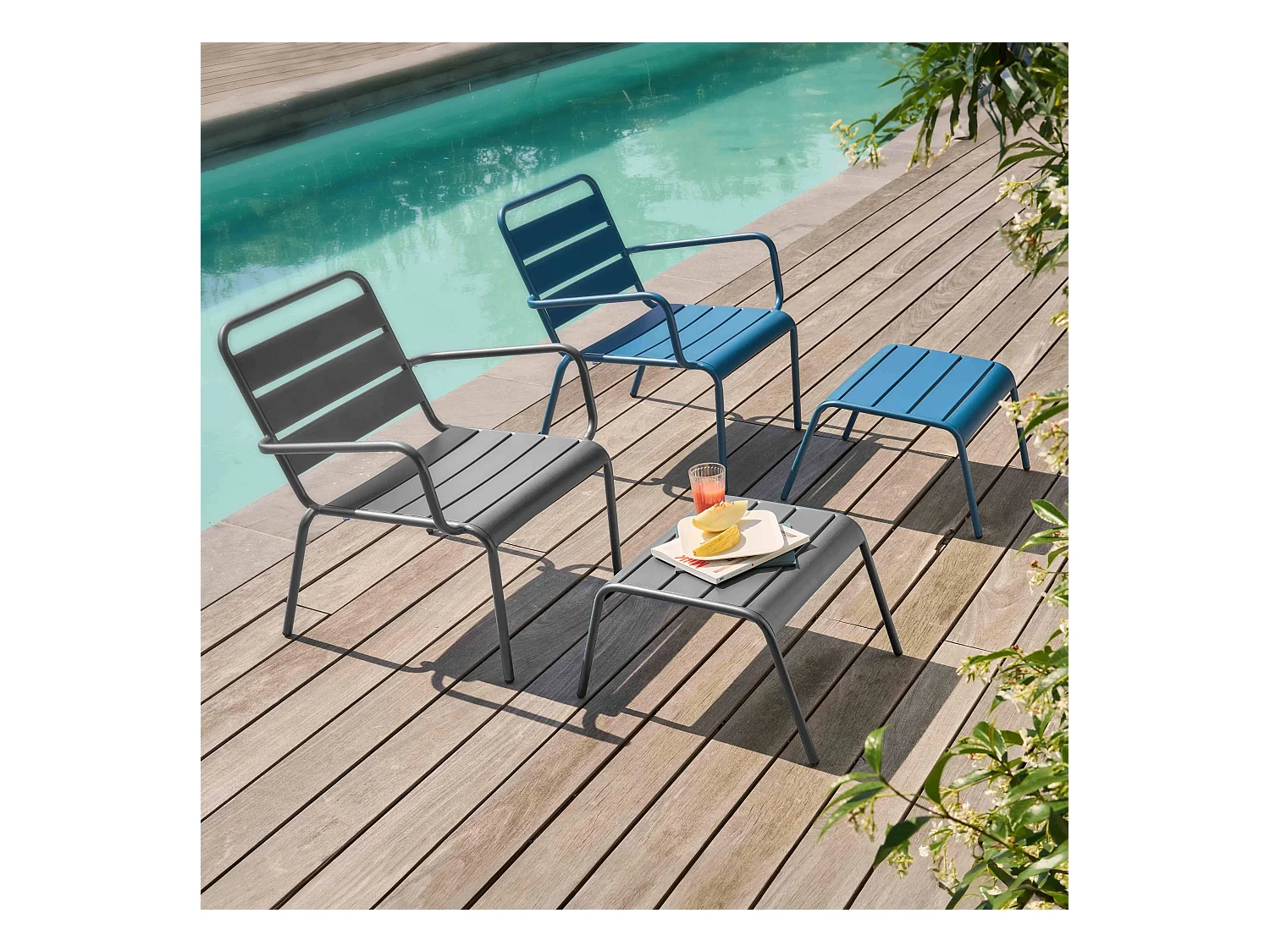 Lot 2 fauteuils relax avec repose-pieds métal gris et bleu pacific - Palavas