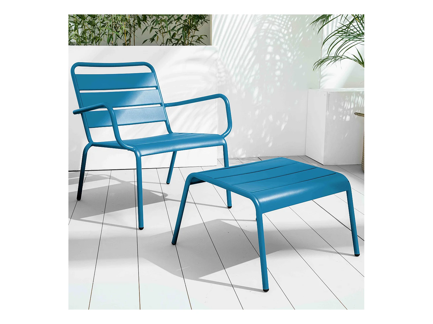 Lot 2 fauteuils relax avec repose-pieds métal gris et bleu pacific - Palavas