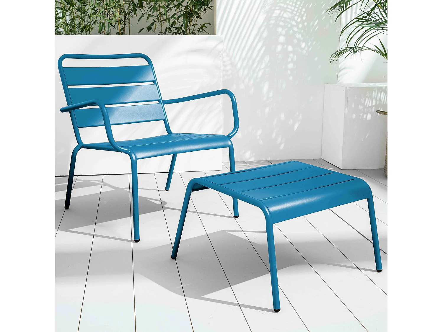 Lot 2 fauteuils relax avec repose-pieds métal gris et bleu pacific - Palavas