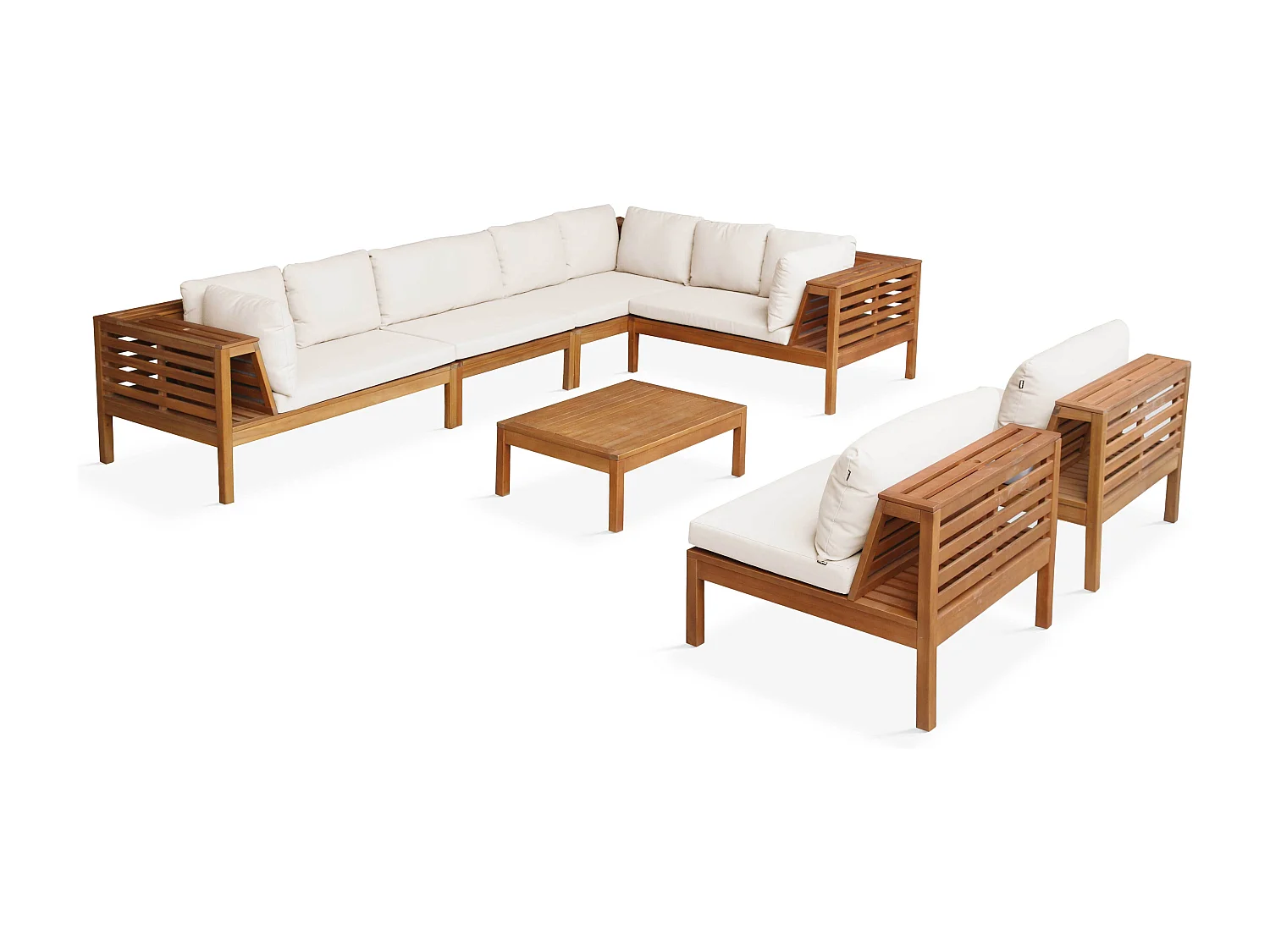 Salon de  jardin bas d'angle 8 places en bois d'eucalyptus écru