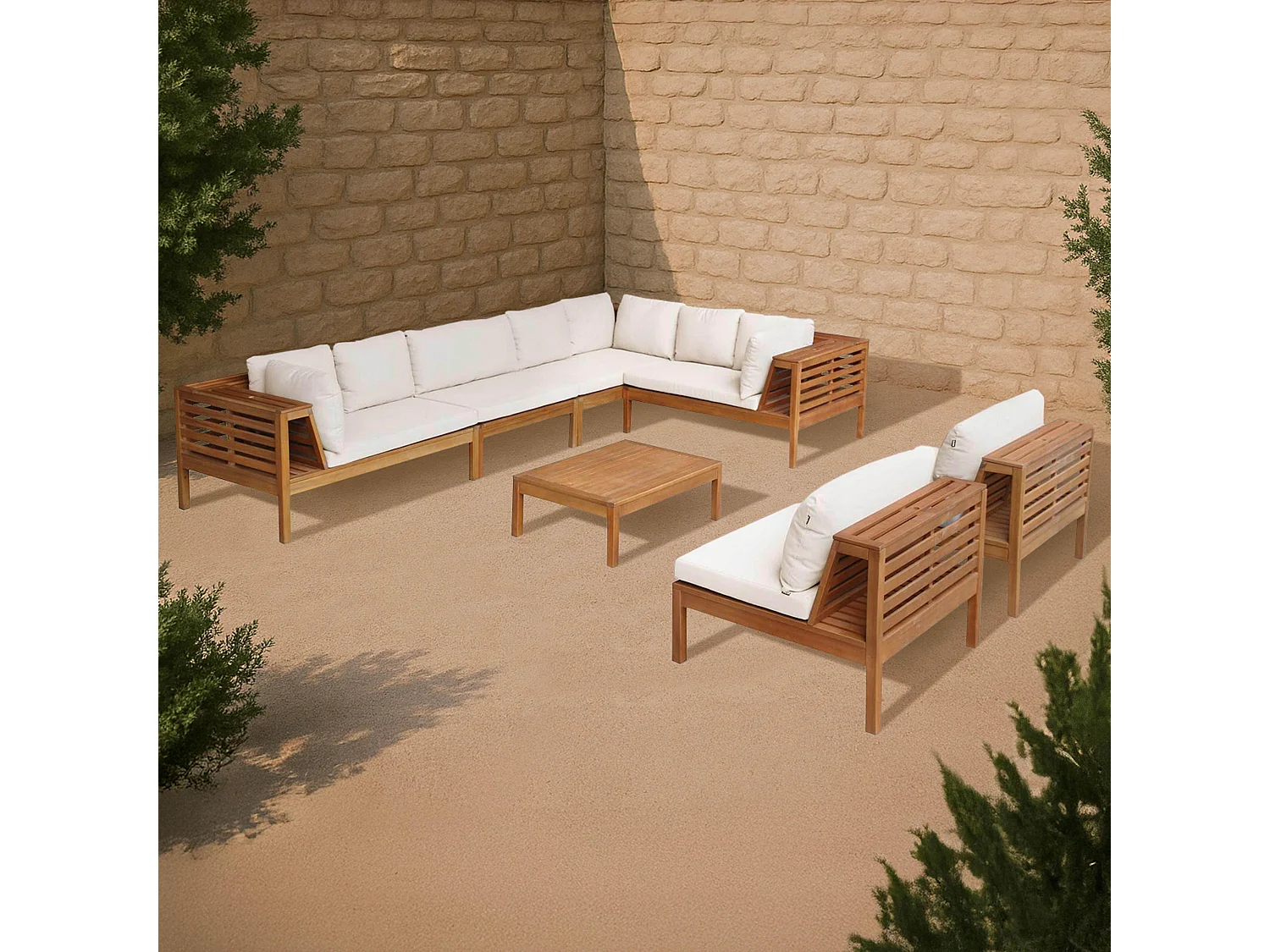 Salon de  jardin bas d'angle 8 places en bois d'eucalyptus écru