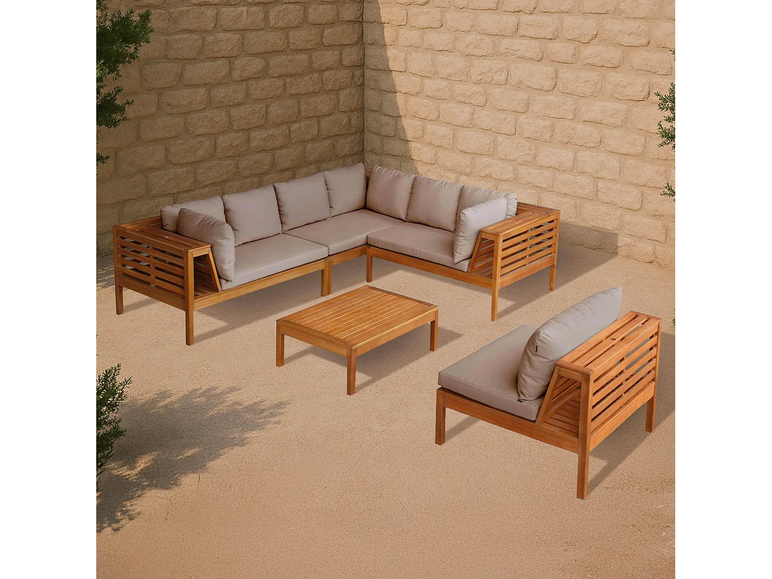 Salon de  jardin d'angle 6 places en bois d'eucalyptus taupe Maupiti