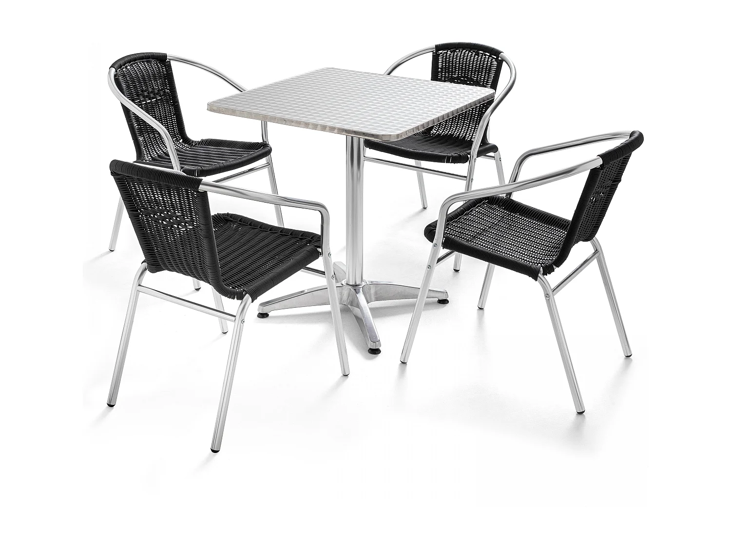 Vierkante tafel van en 4 zwarte stoelen