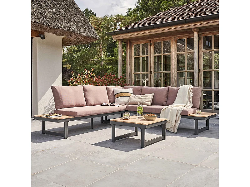 Lage tuinset met 6 zitplaatsen van en taupe hout