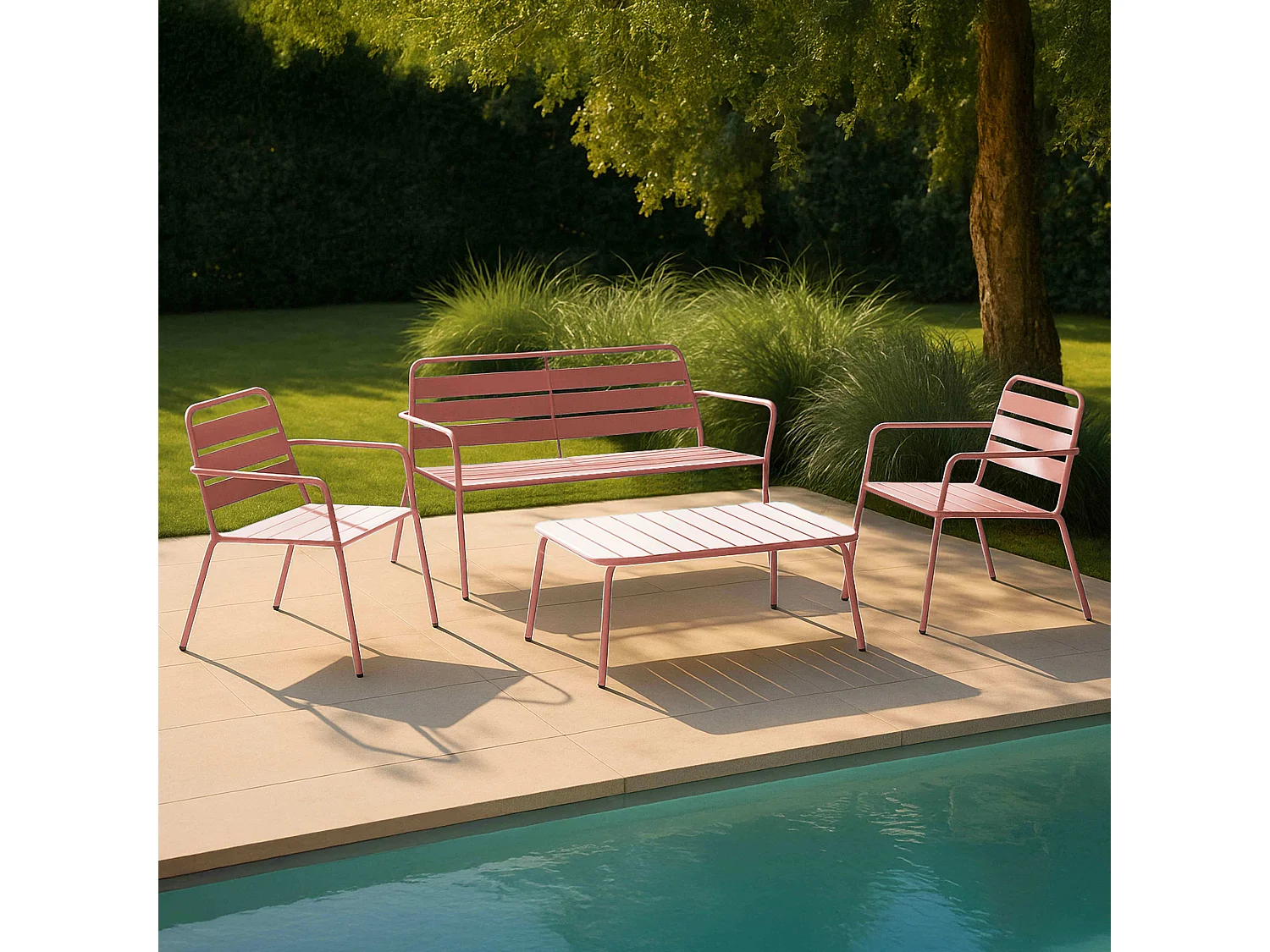 Salon de  jardin 4 places et 1 table basse en acier argile - Palavas