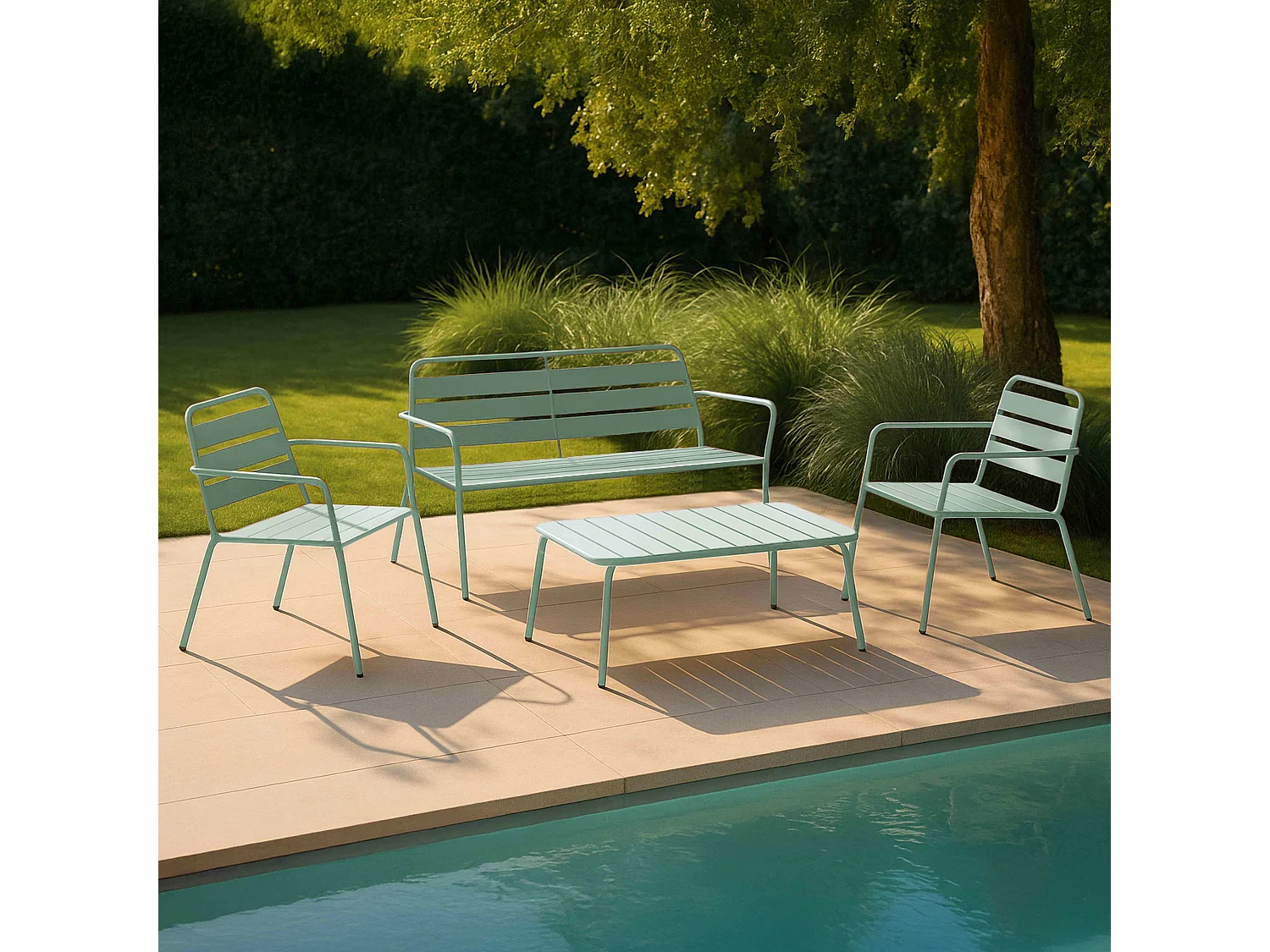 Tuinset met 4 stoelen en 1 salontafel van groen salie staal