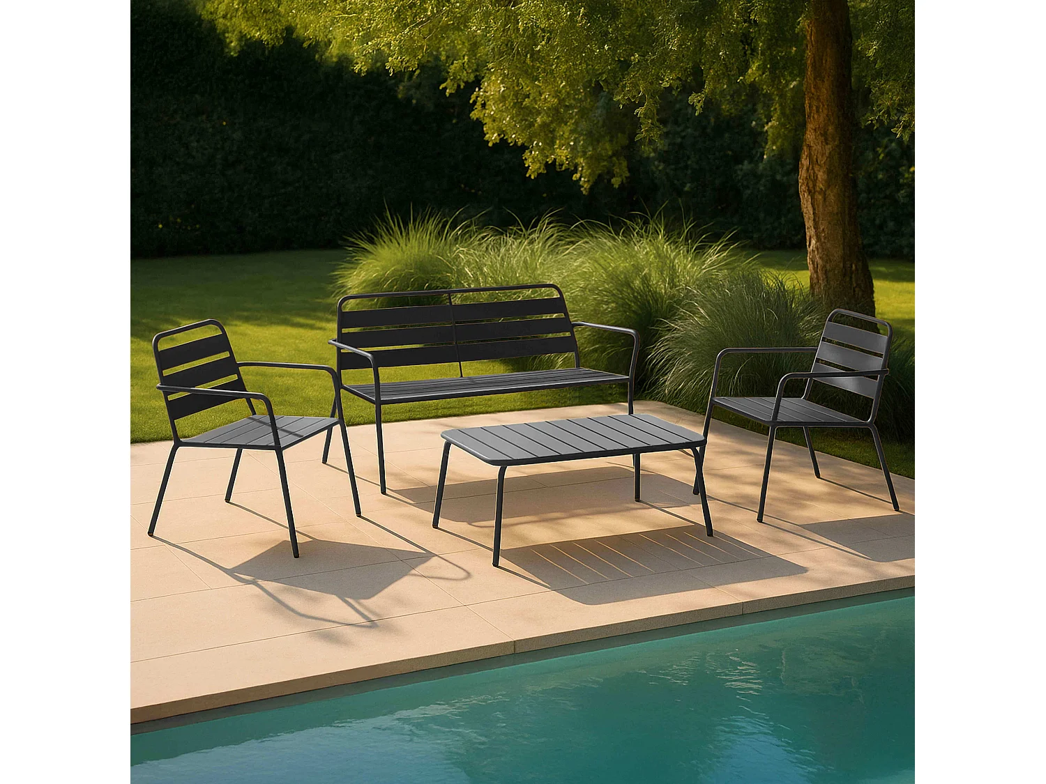 Salon de jardin 4 places et 1 table basse en acier anthracite - Palavas
