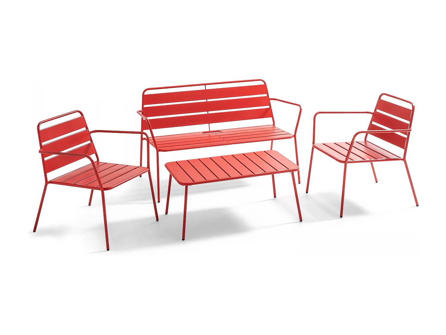 Salon de jardin 4 places et 1 table basse en acier rouge - Palavas