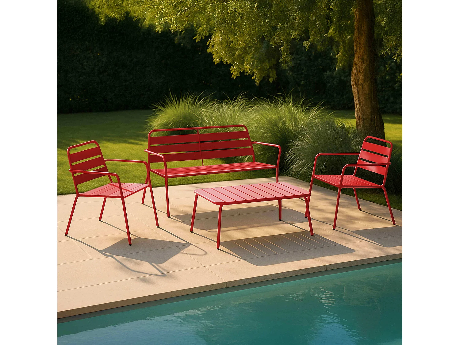 Salon de jardin 4 places et 1 table basse en acier rouge - Palavas