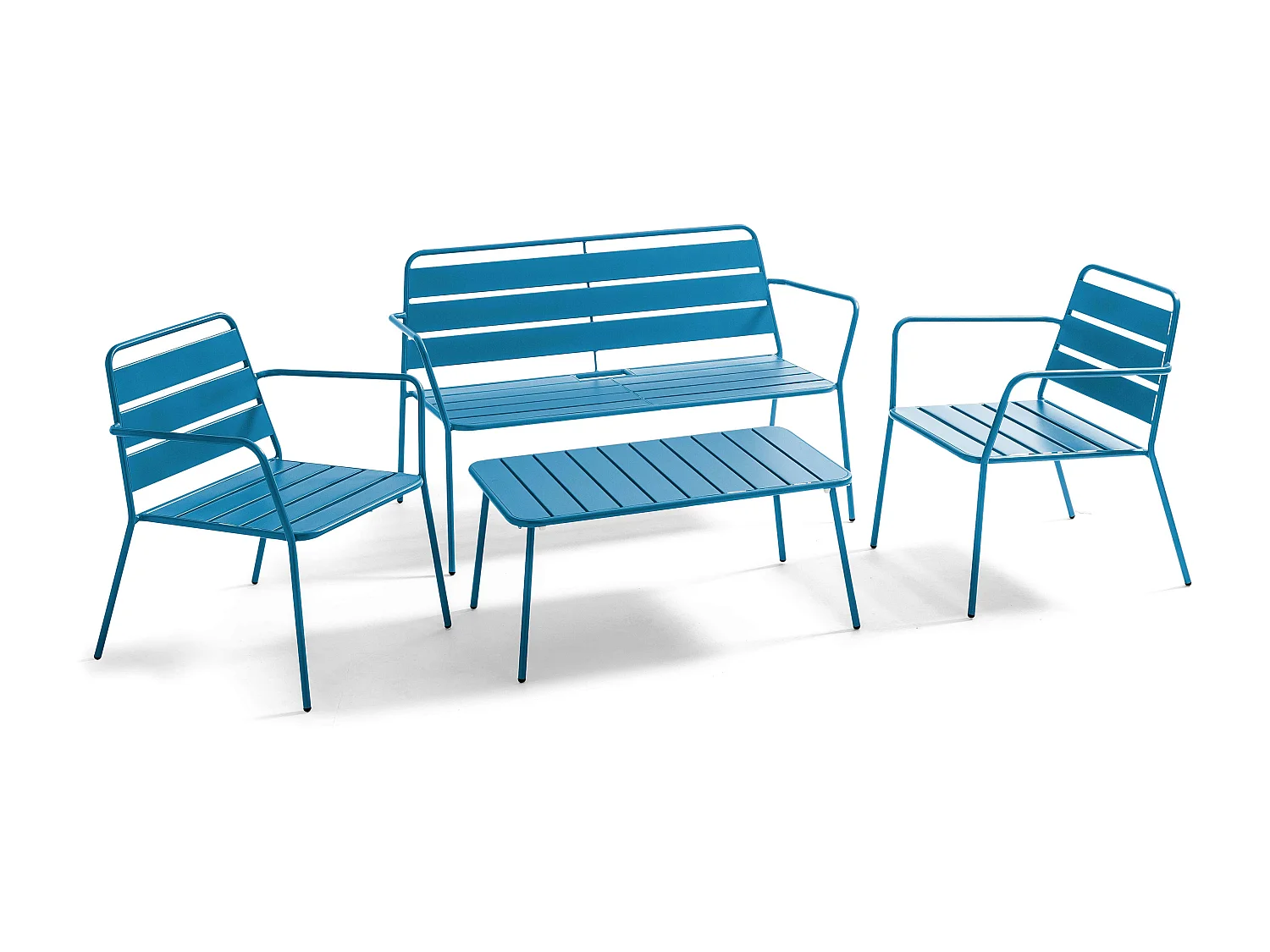 Salon de jardin 4 places et 1 table basse en acier bleu pacific - Palavas
