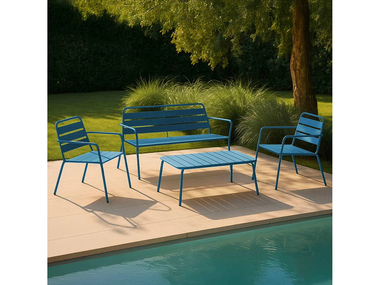 Salon de jardin 4 places et 1 table basse en acier bleu pacific - Palavas