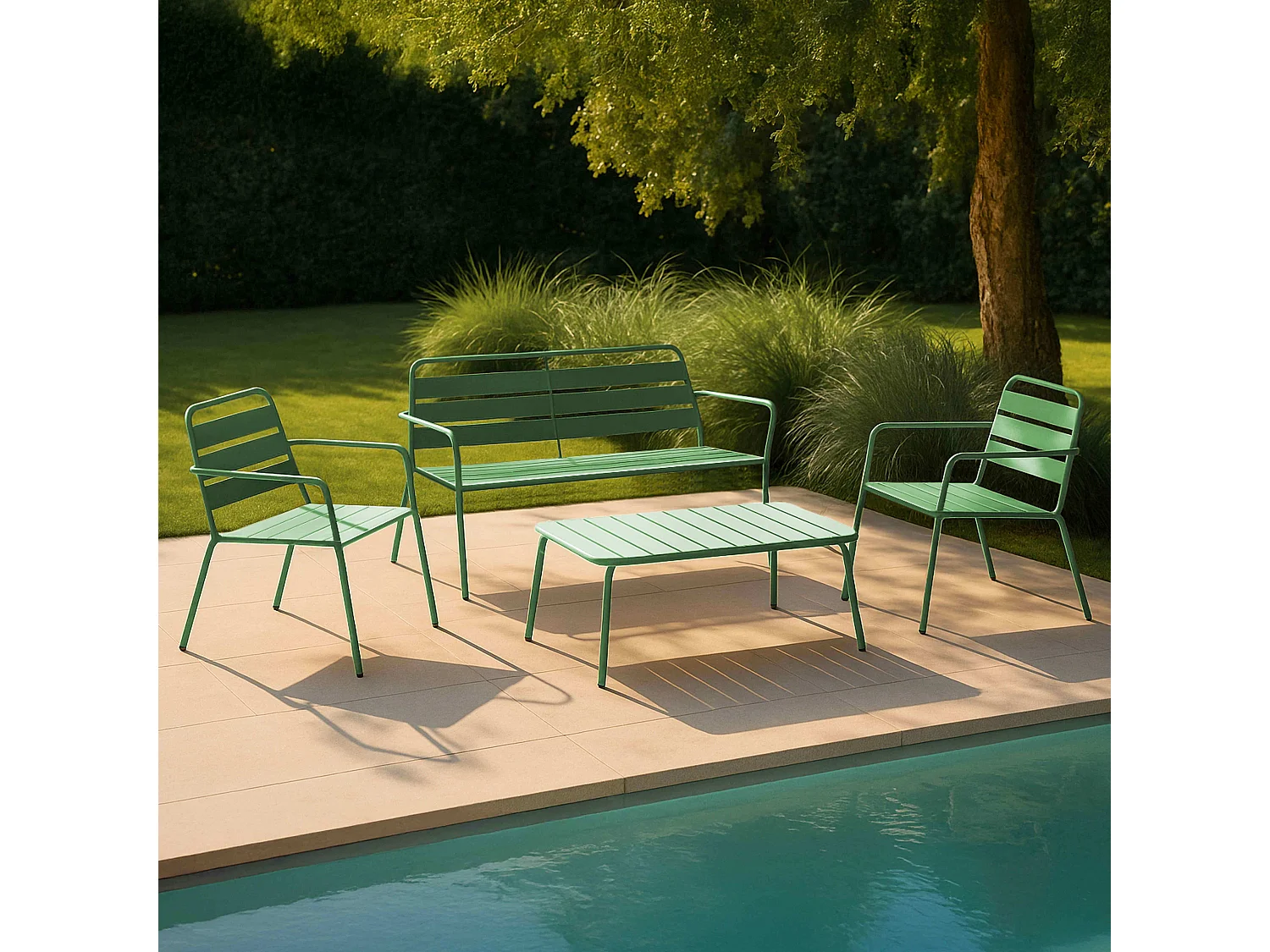 Tuinset met 4 zitplaatsen en 1 salontafel van groen cactus staal