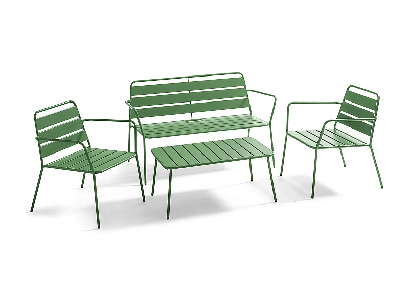 Tuinset met 4 zitplaatsen en 1 salontafel van groen cactus staal