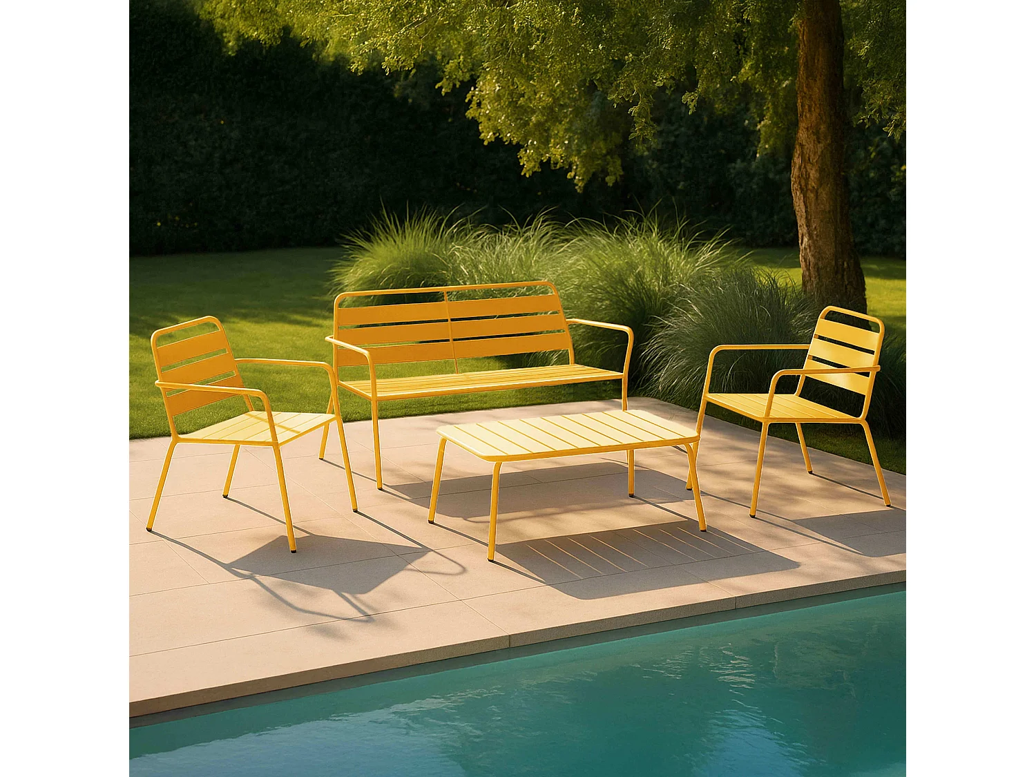 Tuinset met 4 stoelen en 1 salontafel van geel staal