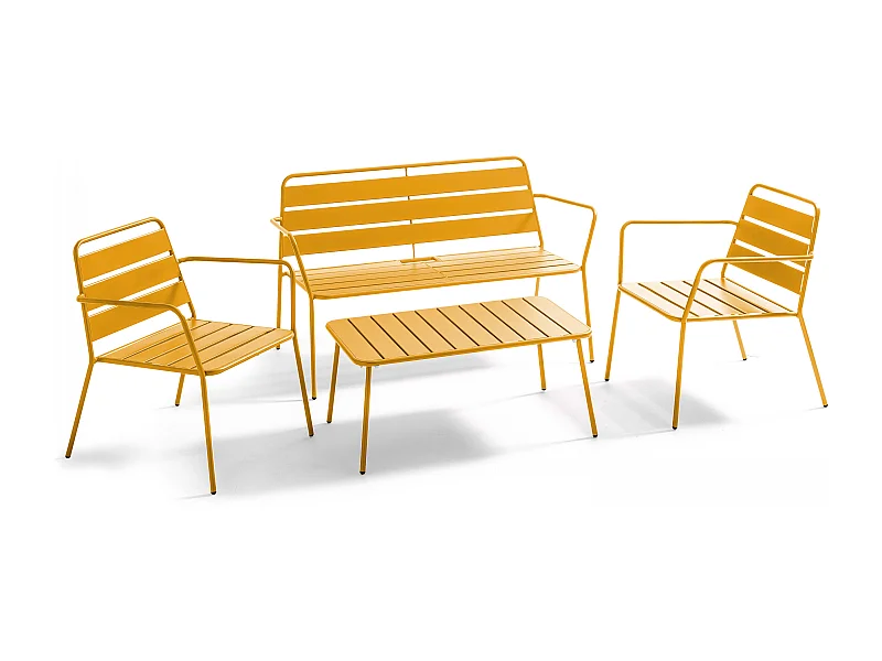Tuinset met 4 stoelen en 1 salontafel van geel staal