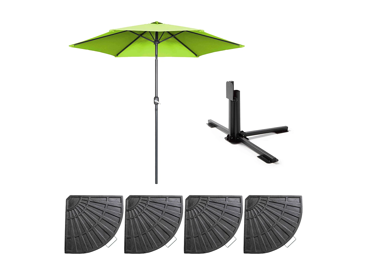 Parasol droit inclinable 3m et 4 dalles lestées aluminium vert - Matera