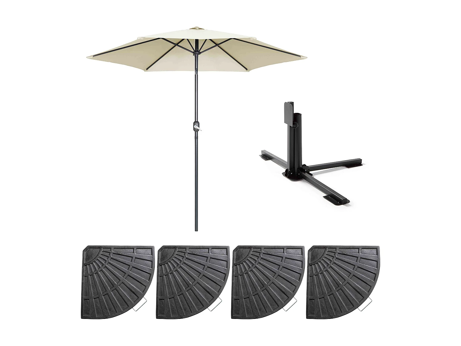 Parasol droit inclinable 3m et 4 dalles lestées aluminium blanc - Matera