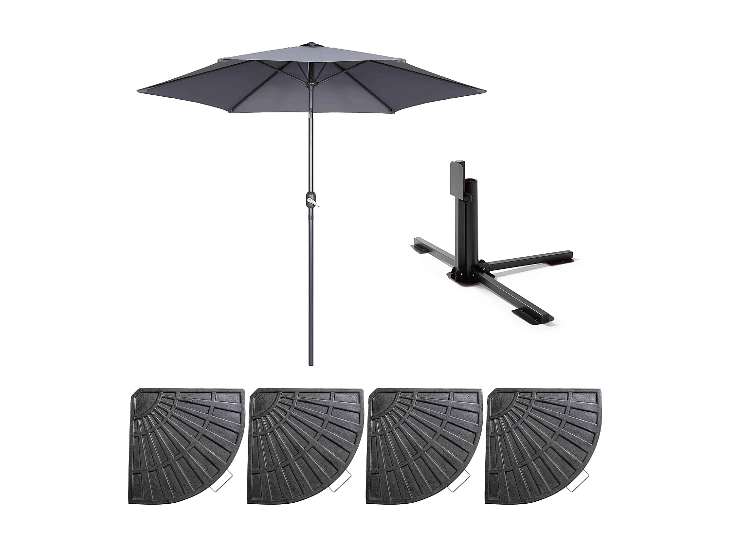 Parasol droit inclinable 3m et 4 dalles lestées aluminium gris - Matera