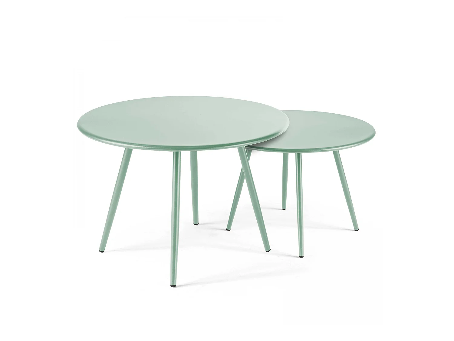Set van 2 ronde salontafels van groen salie staal, 50 cm