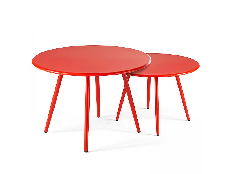 Lot de 2 tables basses ronde en acier rouge  - Palavas