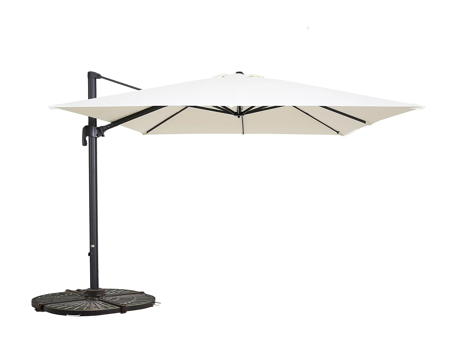 Parasol déporté rotatif 3x3m et 4 dalles lestées aluminium blanc - Malaga