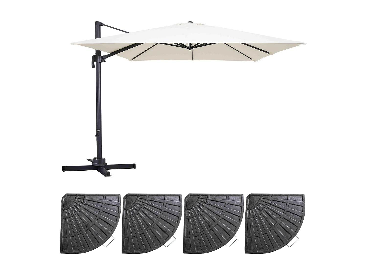 Parasol déporté rotatif 3x3m et 4 dalles lestées aluminium blanc - Malaga