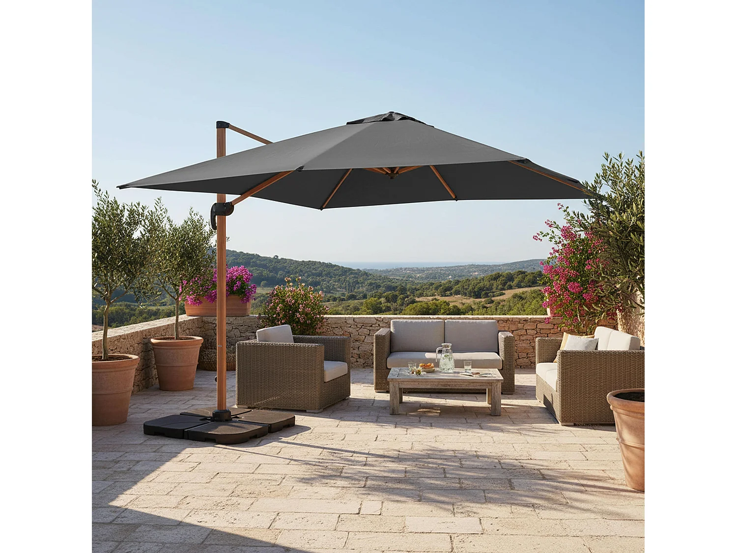 Verstelbaar zonnescherm van 3x3m en 4 grijze houteffect tegels