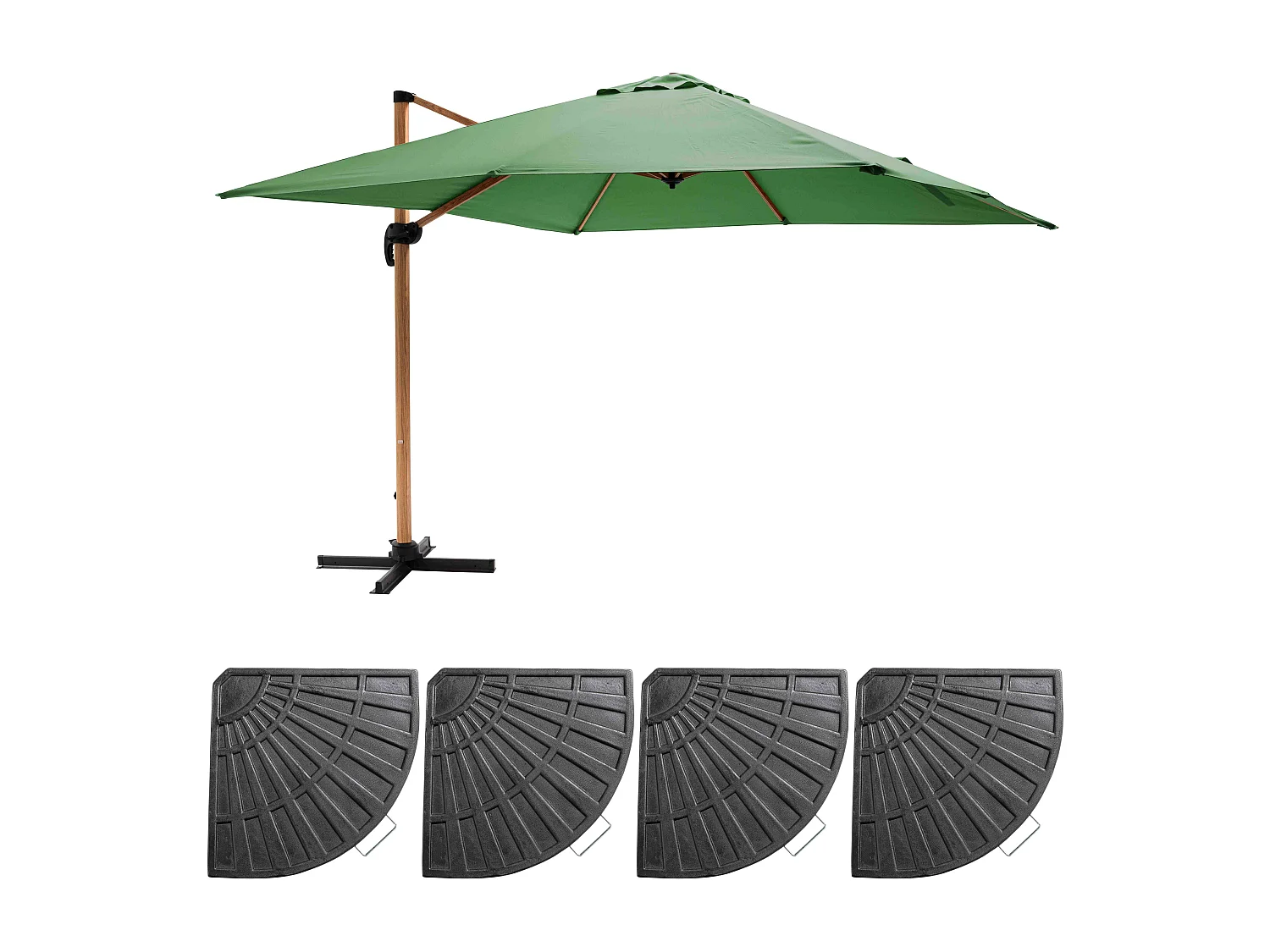 Parasol déporté 3x3m et 4 dalles lestées effet bois vert cactus - Brescia