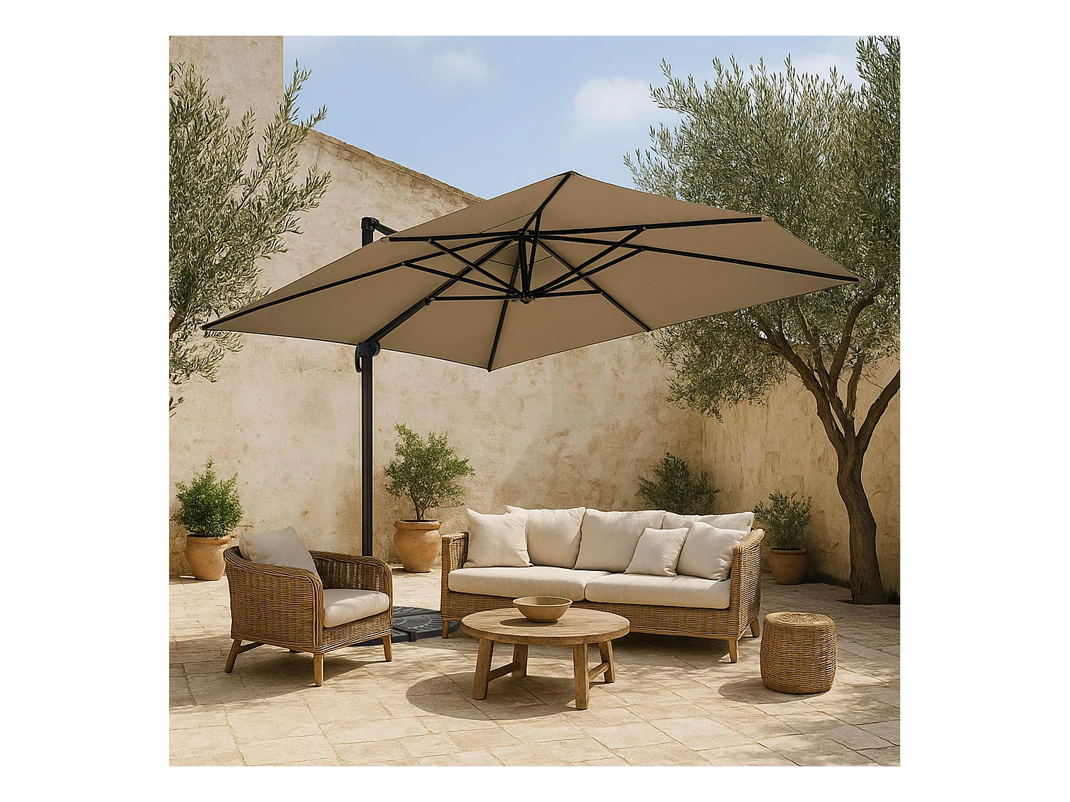 Parasol van 3x4m en 4 te vullen taupekleurige tegels