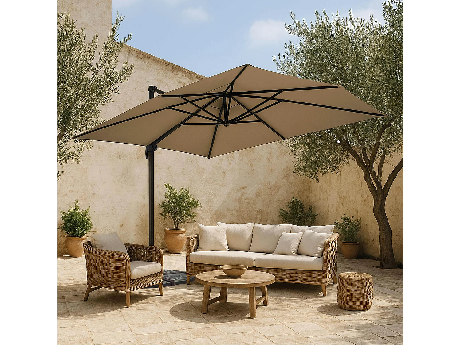 Parasol déporté 3x4m et 4 dalles à remplir aluminium taupe - Caserta