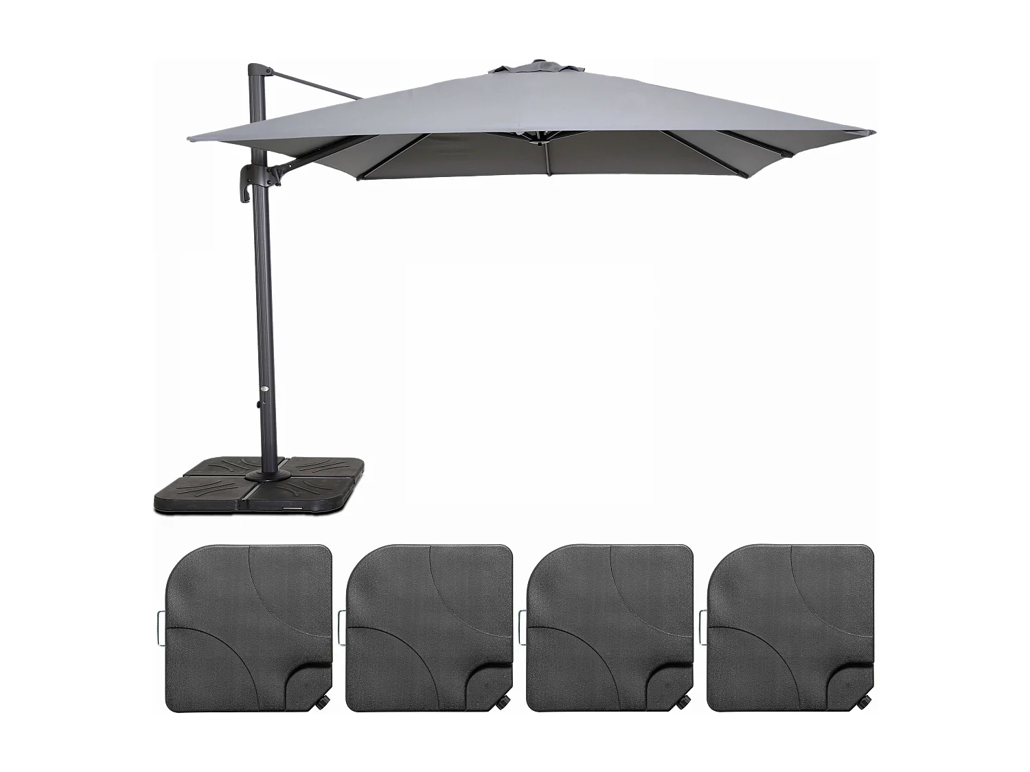 Parasol déporté rotatif 3x3m et 4 dalles à remplir aluminium gris - Malaga