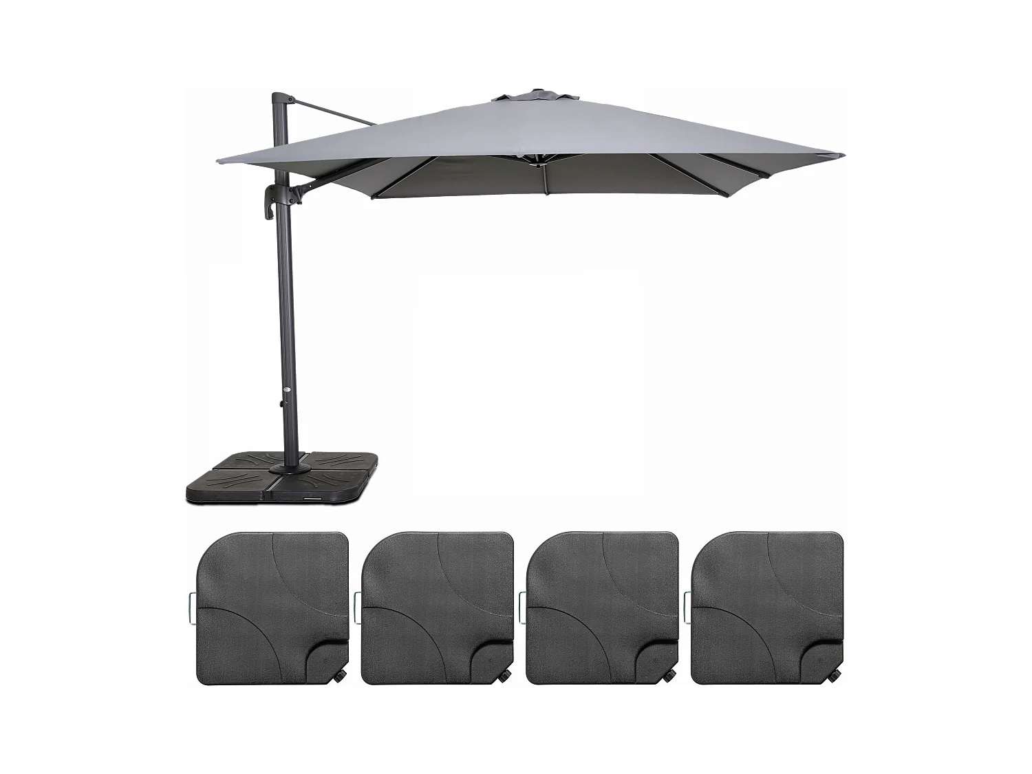Parasol déporté rotatif 3x3m et 4 dalles à remplir aluminium gris - Malaga