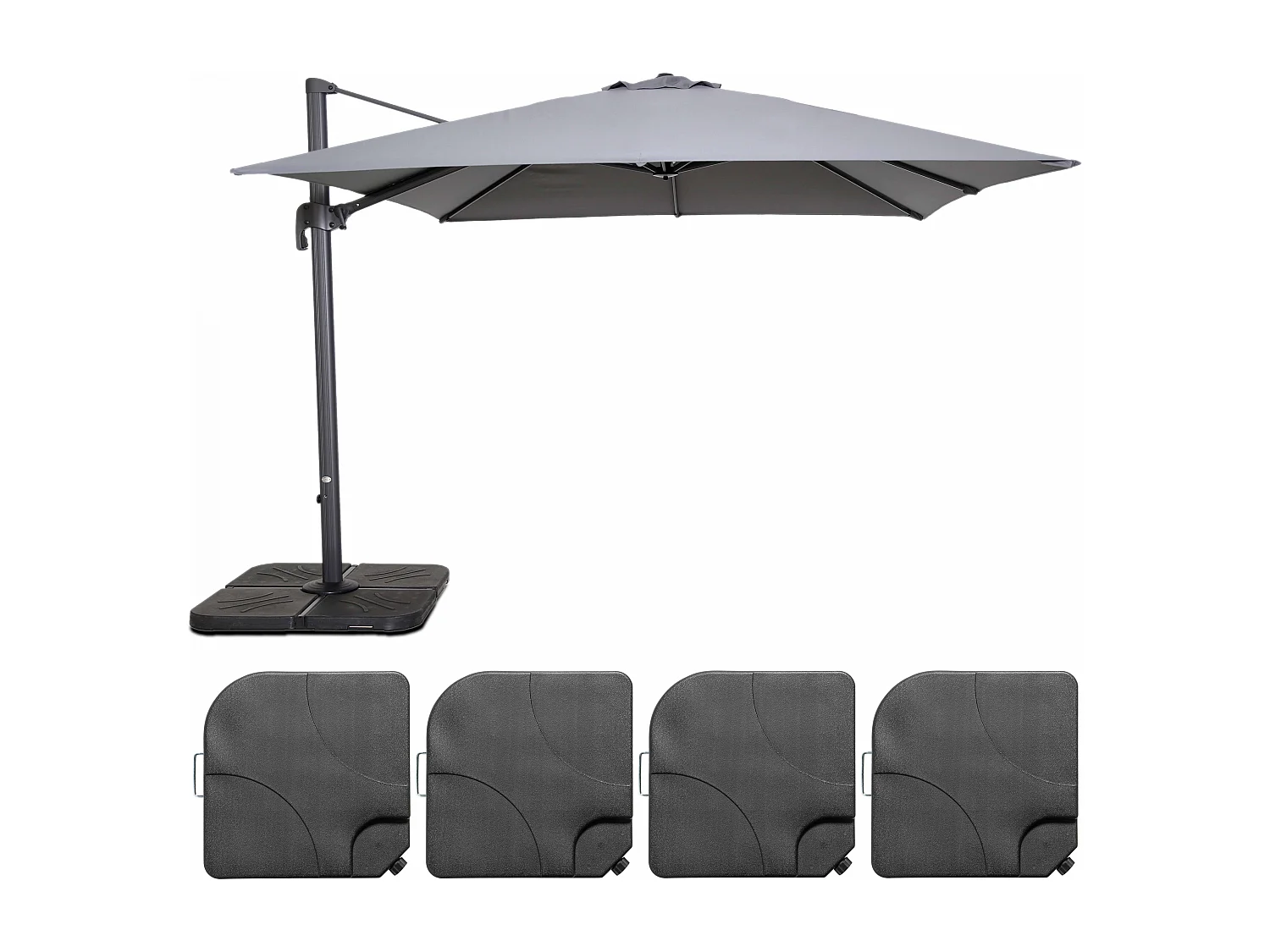 Parasol déporté rotatif 3x3m et 4 dalles à remplir aluminium gris - Malaga