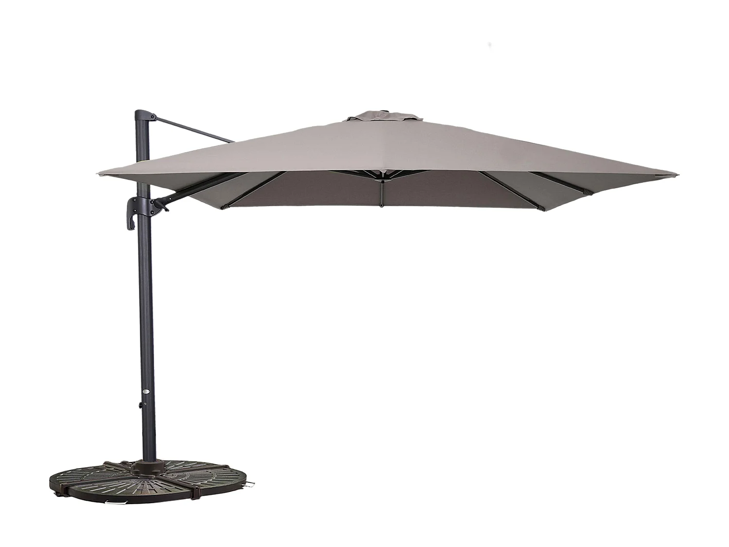 Parasol déporté rotatif 3x3m et 4 dalles lestées aluminium taupe - Malaga